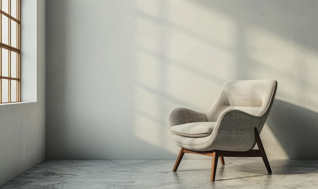 Interior minimalista moderno con un sillón en el fondo vacío de la pared de color blanco