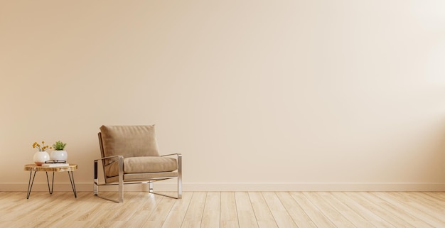 Interior minimalista moderno con un sillón sobre fondo de pared de color crema vacío. Representación 3D