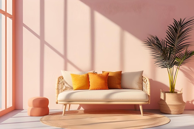 Interior minimalista moderno con sofá y planta luz cálida ideal para la decoración del hogar y inspiraciones de diseño AI