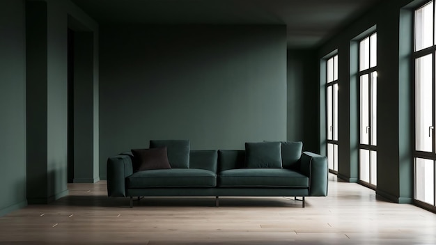 Interior minimalista moderno con un sofá verde en una pared verde oscuro vacía