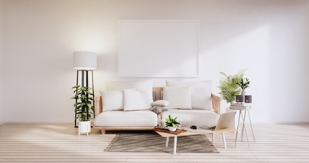 Interior minimalista, móveis e plantas de sofá, design moderno de quarto. Renderização 3D