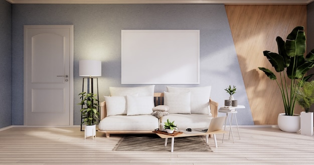 Interior minimalista, muebles y plantas de sofá, diseño moderno de la habitación del cielo azul. Representación 3D