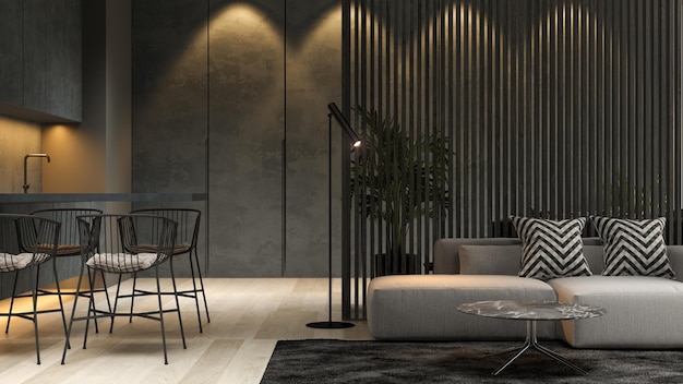 Interior minimalista negro de la moderna sala de estar 3D rendering