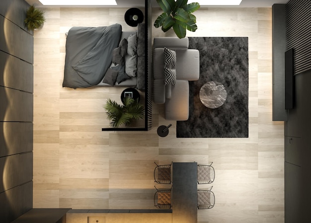 Interior minimalista negro de la vista superior de la representación 3d de la sala de estar moderna