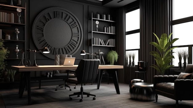 Interior minimalista de oficina en casa negro AI generativo