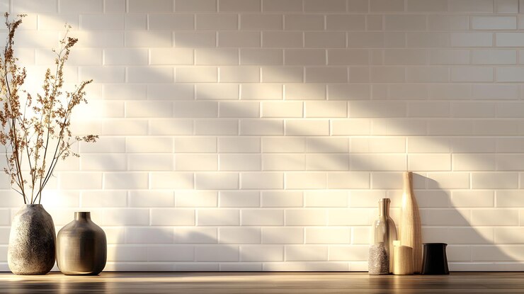 Interior minimalista con paredes de azulejos blancos, luz solar y jarrones