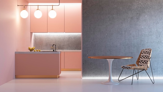 Interior minimalista rosa de cozinha com mesa cadeira lâmpada piso de mármore parede de concreto d render ilustr