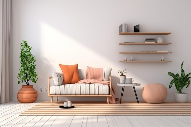 Interior minimalista de la sala de estar con decoración de piso de madera en una pared grande