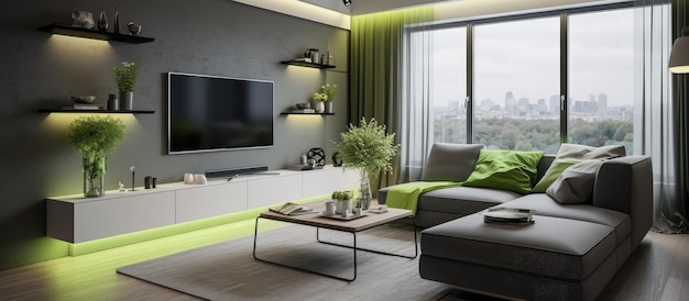 Foto interior minimalista de la sala de estar en gris con acentos verdes