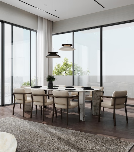 Foto interior minimalista de la sala de estar moderna con telón de fondo de la mesa de sala de estar en el estilo escandinavo zona de comedor renderización 3d