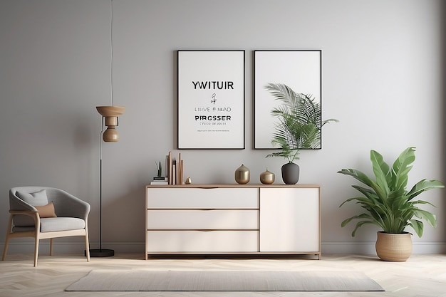 Foto interior minimalista sala de estar o oficina con paredes ligeras y tocador dos carteles verticales maquillaje de renderización 3d