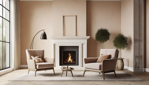 Foto interior minimalista de la sala de estar con sillón de chimenea moderno y paredes de yeso beige interior moc...