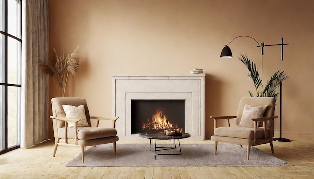 Foto interior minimalista de la sala de estar con sillón de chimenea moderno y paredes de yeso beige interior moc...