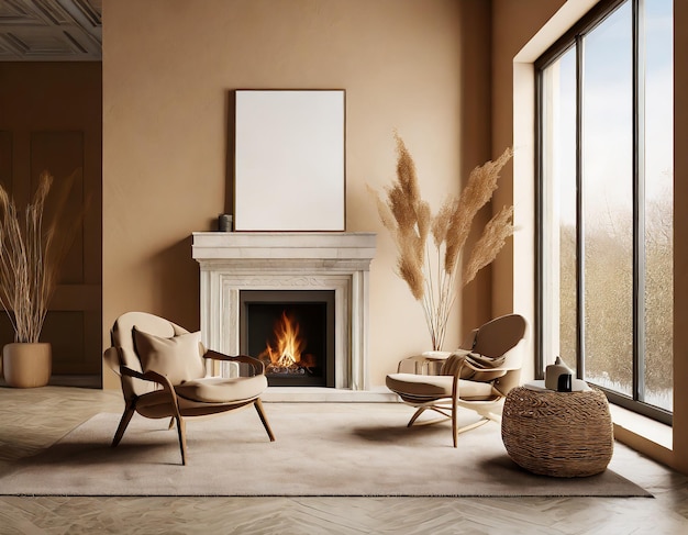 Interior minimalista de la sala de estar con sillón de chimenea moderno y paredes de yeso beige Interior moc