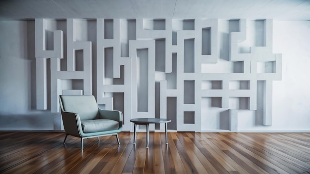 Interior minimalista de la sala de estar con sillón y mesa de diseño en pared blanca