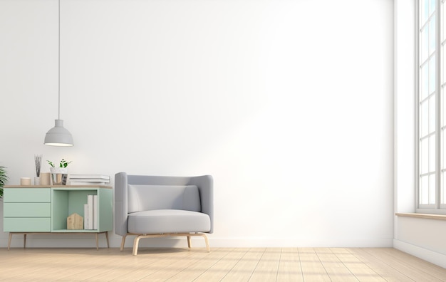 Interior minimalista de sala de estar con sillón y mesa en renderizado 3d de pared blanca