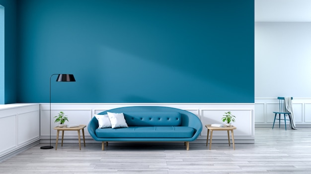 Interior minimalista de la sala de estar, sofá azul con mesa de madera en el suelo de madera