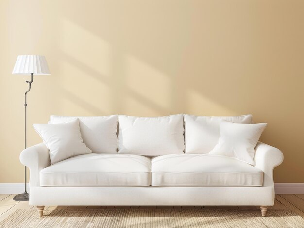 Interior minimalista de la sala de estar en tonos cálidos y serenos con un sofá y una lámpara como decoración