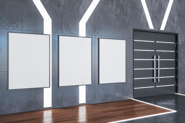 Foto interior minimalista de sala vacía con puerta negra y tres carteles en blanco en la pared concepto de presentación representación 3d