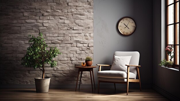 Interior minimalista con una silla blanca y una pequeña mesa cerca de la ventana contra un espacio de copia de pared de ladrillo gris texturizado AI generativa