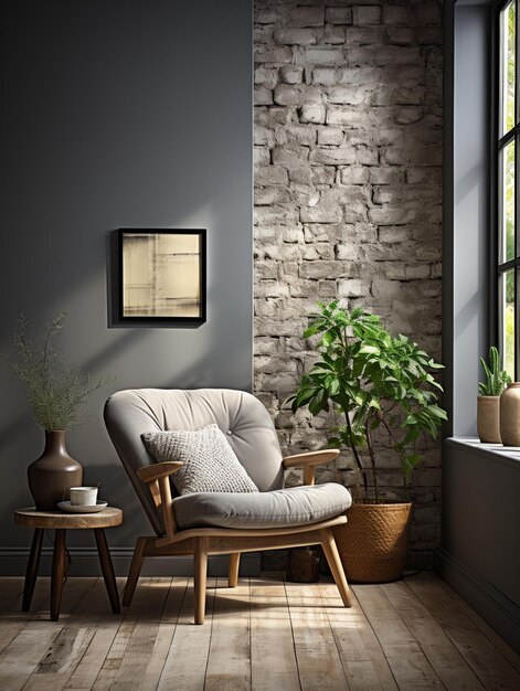 Interior minimalista con una silla blanca y una pequeña mesa cerca de la ventana contra un espacio de copia de pared de ladrillo gris texturizado AI generativa