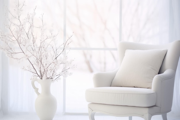 Interior minimalista con sillón blanco y ramas esmeraldas que simbolizan la elegancia tranquila Perfecto f