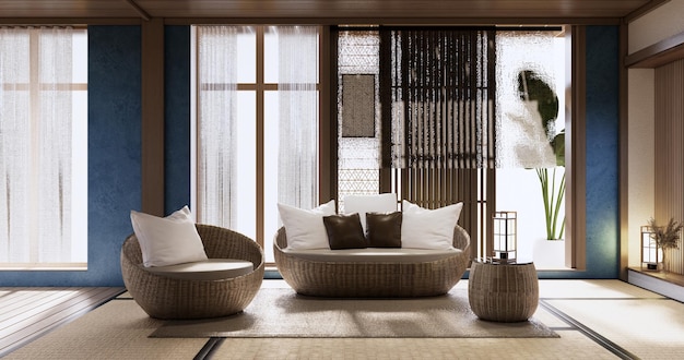 Interior minimalista Sofá muebles y plantas moderno diseño de sala de cielo azul