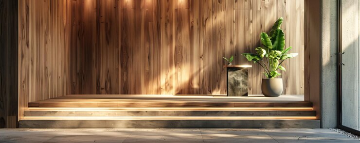 Interior minimalista y vacío con pared de madera