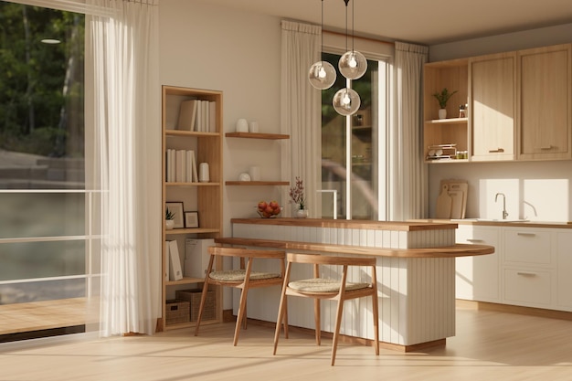 Interior mínimo da cozinha escandinava em estilo material de madeira com balcão de cozinha de madeira mínimo