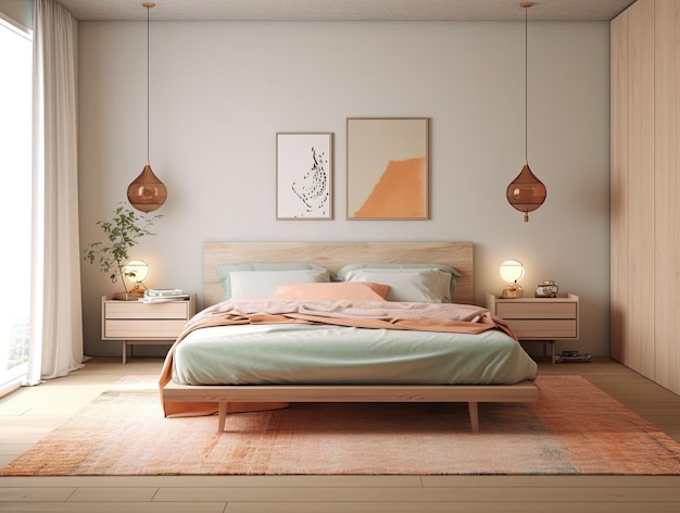 Interior mínimo do quarto com decoração de casa simulada Mobília elegante costeira aconchegante cama confortável Fundo de design moderno IA generativa