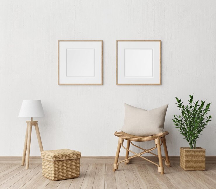 Interior mínimo de la habitación con maceta de silla de mimbre y planta con marco en blanco