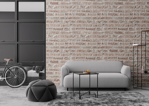Interior mock up estilo loft Parede vazia na sala de estar moderna Copie o espaço para o seu pôster de imagens de obras de arte Design de interiores em estilo industrial Apartamento ou quarto de hotel Renderização em 3D