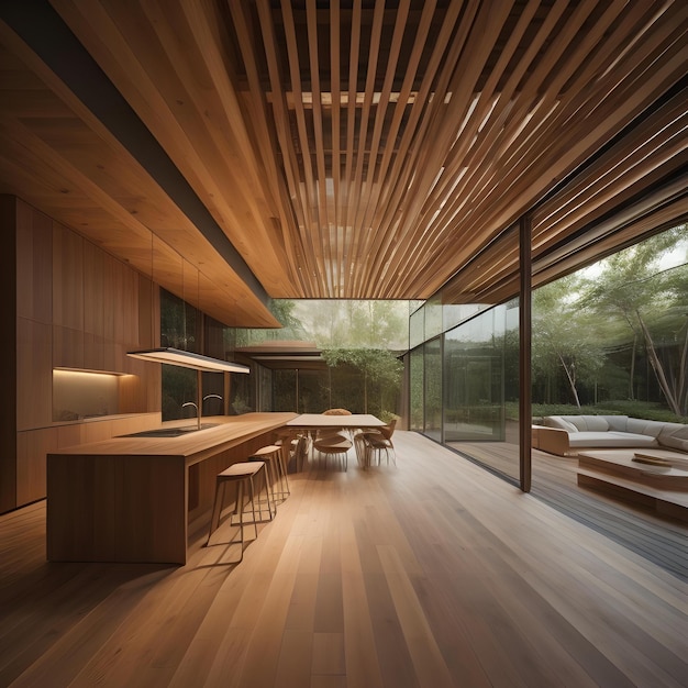 Interior de una moderna casa de madera generativa ai