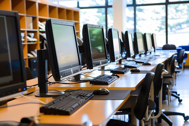 Interior de una moderna sala de conferencias con sillas azules y monitores de computadora