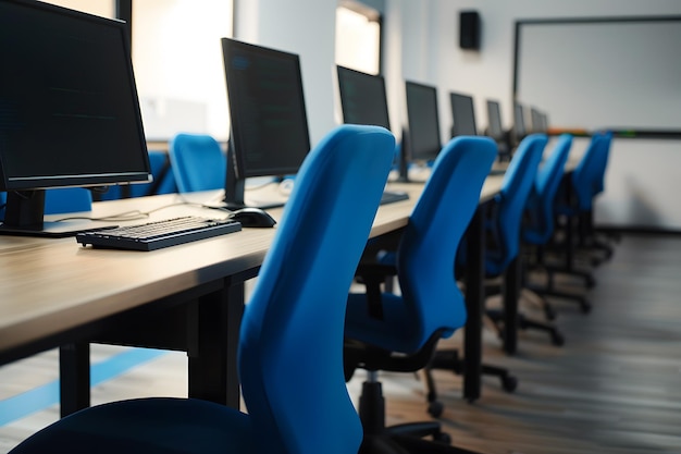 Interior de una moderna sala de conferencias con sillas azules y monitores de computadora