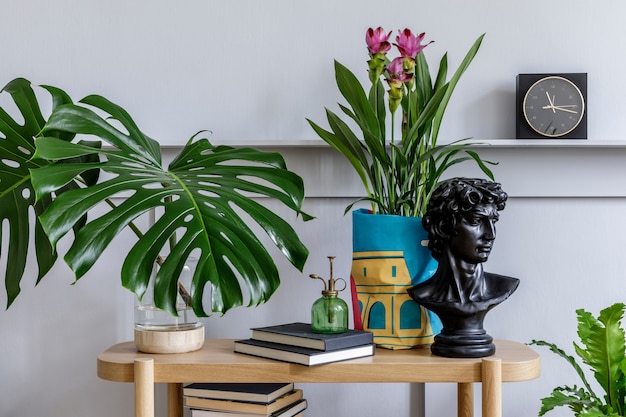 Plantas En Estantes Sobre Un Canapé De Madera Con Un Amortiguador Verde En  Un Interior Soleado De La Sala De Estar Con Las Parede Foto de archivo -  Imagen de verde, sitio