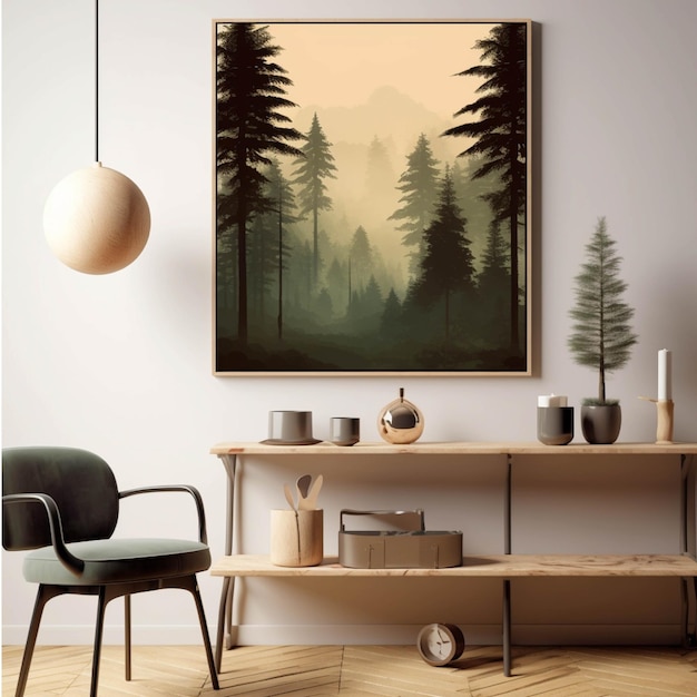 Interior de la moderna sala de estar escandinava con sillón, mesa de café y afiche 3d renderizado