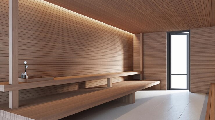Interior de la moderna sala de sauna, bienestar y spa - Representación 3D