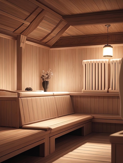 Interior de una moderna sauna de madera renderizado 3D