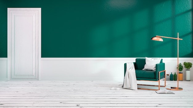 Interior moderno apartamento de sala de estar com poltronas verdes no piso branco e verde escuro