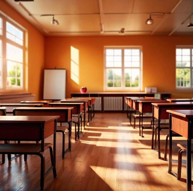 Foto interior moderno del aula, habitación luminosa y aireada en la escuela para la educación