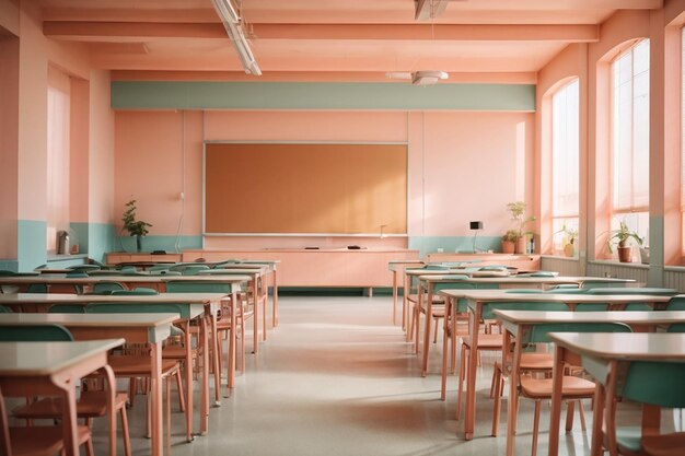 Interior moderno del aula en tonos claros.