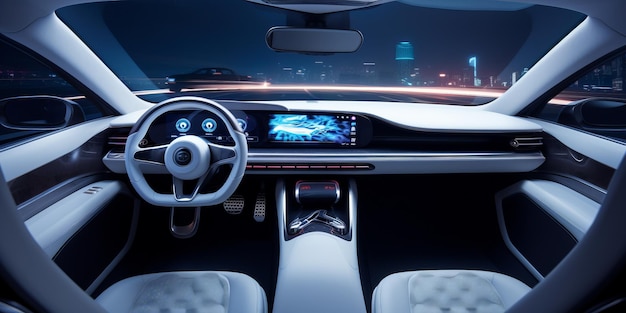 Interior moderno de automóvil azul y blanco con superficies inteligentes