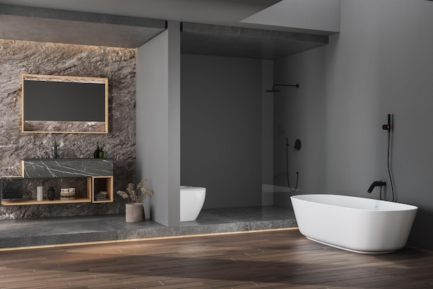 Interior moderno banheiro minimalista armário de banheiro moderno pia preta acessórios de banheiro banheira e vaso sanitário piso em parquet renderização em 3d