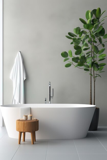 Interior moderno del baño con bañera y planta