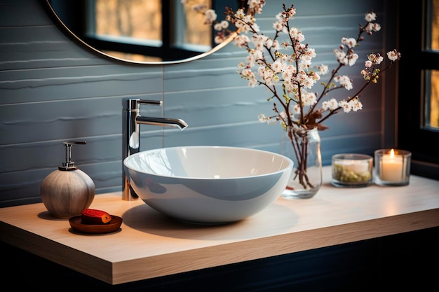 Interior moderno de un baño con un baño blanco