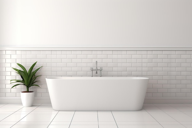 Interior moderno de baño blanco con piso de azulejos blancos plantas interiores de baño minimalista pared vacía