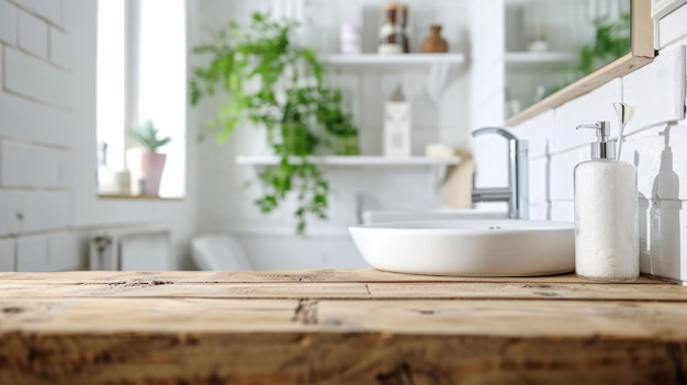 Interior moderno del baño con mesa de madera para la exhibición de productos