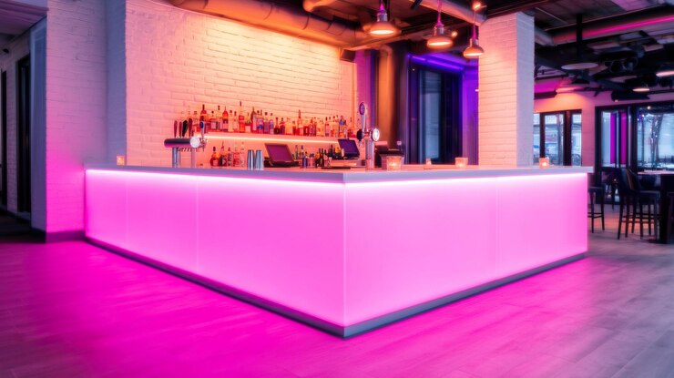 Foto interior moderno del bar con iluminación brillante y diseño elegante