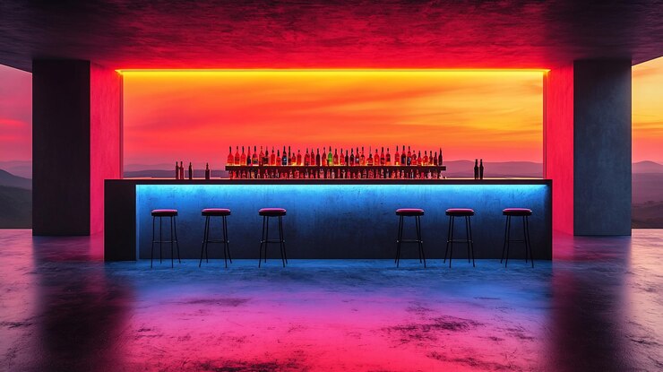 Foto interior moderno del bar con vibrante iluminación de neón y vista de la puesta de sol perfecto para las imágenes de la vida nocturna